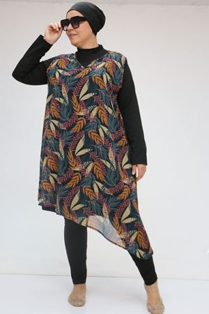 1723 Büyük Beden Uzun Kol Şifon Pareolu Tesettür Mayo Takım - Yaprak Desen Hardal