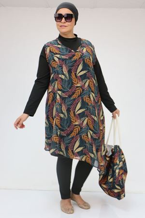 1723 Büyük Beden Uzun Kol Şifon Pareolu Tesettür Mayo Takım - Yaprak Desen Hardal