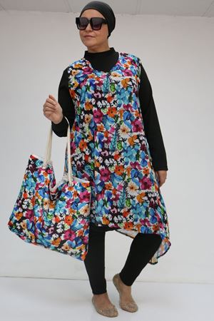 1723 Büyük Beden Uzun Kol Şifon Pareolu Tesettür Mayo Takım - Karışık Desen Mavi