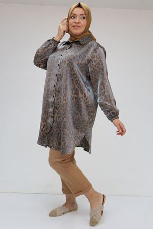 F-58085-1 Büyük Beden Kolları Lastikli Star Gömlek - Leopar