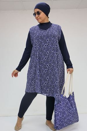 1723 Büyük Beden Uzun Kol Şifon Pareolu Tesettür Mayo Takım - Damla Desen Saks