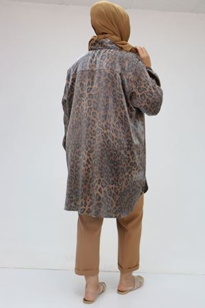 F-58085-1 Büyük Beden Kolları Lastikli Star Gömlek - Leopar