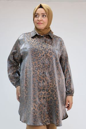 F-58085-1 Büyük Beden Kolları Lastikli Star Gömlek - Leopar