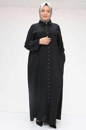 56012 Büyük Beden Kol Garnili Etamin Abaya Ferace - Siyah