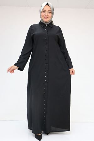 56012 Büyük Beden Kol Garnili Etamin Abaya Ferace - Siyah