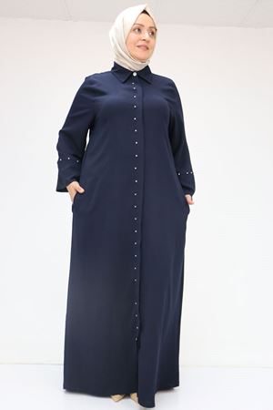 56012 Büyük Beden Kol Garnili Etamin Abaya Ferace - Lacivert