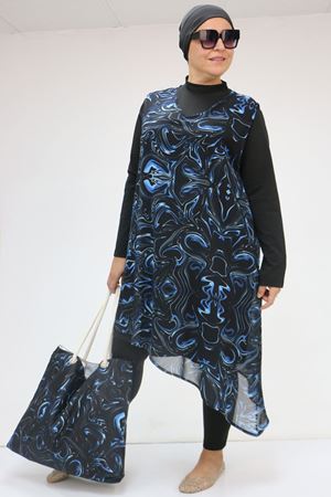 1723 Büyük Beden Uzun Kol Şifon Pareolu Tesettür Mayo Takım-Aqua Mavi