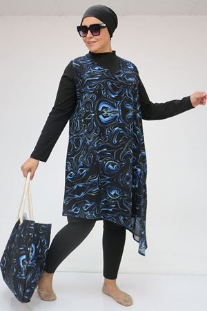 1723 Büyük Beden Uzun Kol Şifon Pareolu Tesettür Mayo Takım-Aqua Mavi