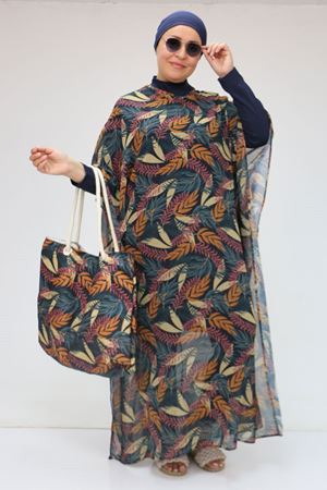1719 Büyük Beden Pareo - Yaprak Desen Hardal
