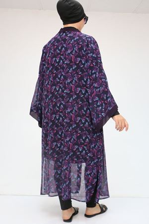 1735 Büyük Beden Garni Detaylı Pareo - Kelebek Desen Mor
