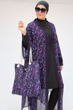 1735 Büyük Beden Garni Detaylı Pareo - Kelebek Desen Mor