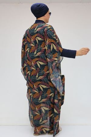 1719 Büyük Beden Pareo - Yaprak Desen Hardal