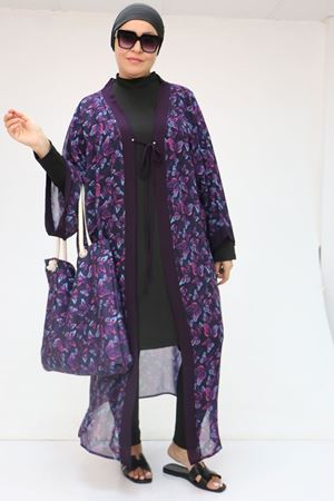 1735 Büyük Beden Garni Detaylı Pareo - Kelebek Desen Mor