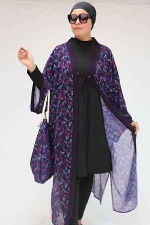 1735 Büyük Beden Garni Detaylı Pareo - Kelebek Desen Mor