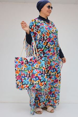 1719 Büyük Beden Pareo - Karışık Desen Mavi