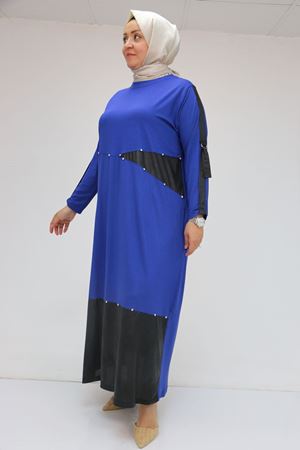 F-52001 Büyük Beden Waterport Garni Detaylı Penye Elbise - İndigo