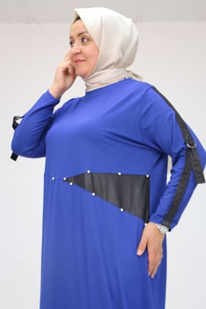 F-52001 Büyük Beden Waterport Garni Detaylı Penye Elbise - İndigo