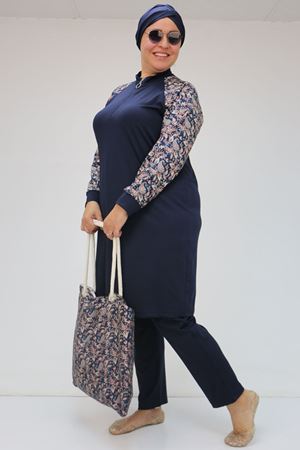 1732 Büyük Beden Balıkçı Yaka Fermuarlı Mayo - Etnik Desen Lacivert