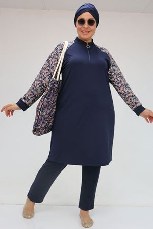 1732 Büyük Beden Balıkçı Yaka Fermuarlı Mayo - Etnik Desen Lacivert