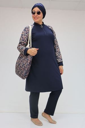 1732 Büyük Beden Balıkçı Yaka Fermuarlı Mayo - Etnik Desen Lacivert