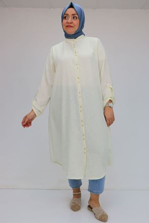 F-58088 Büyük Beden Çift Düğmeli Hakim Yaka Keten Gömlek - Ekru