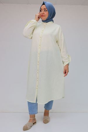 F-58088 Büyük Beden Çift Düğmeli Hakim Yaka Keten Gömlek - Ekru