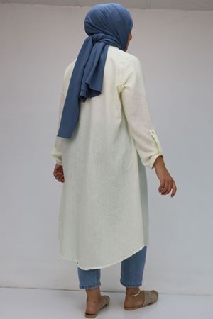 F-58088 Büyük Beden Çift Düğmeli Hakim Yaka Keten Gömlek - Ekru