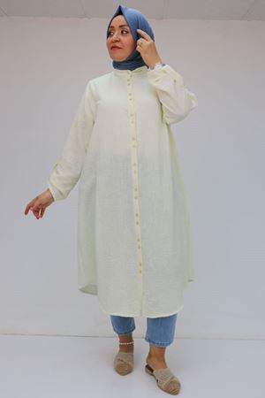 F-58088 Büyük Beden Çift Düğmeli Hakim Yaka Keten Gömlek - Ekru