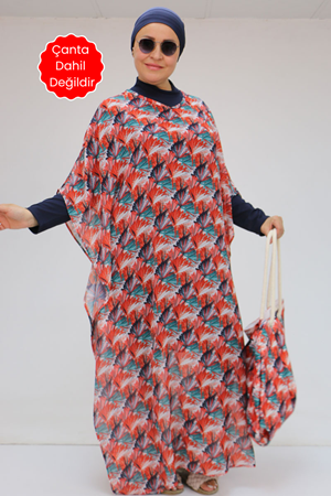 1719 Büyük Beden Pareo - Yaprak Desen Oranj