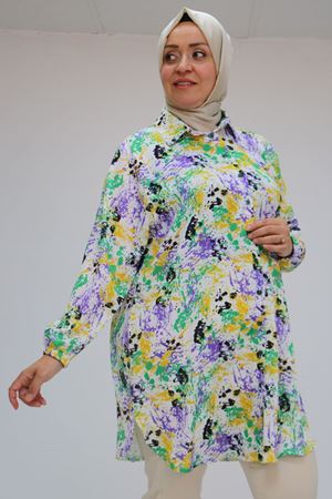 58052 Büyük Beden Erkek Yakalı Jesica Gömlek Tunik - Ebruli Yağyeşili