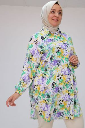 58052 Büyük Beden Erkek Yakalı Jesica Gömlek Tunik - Ebruli Yağyeşili