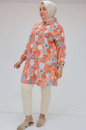 58052 Büyük Beden Erkek Yakalı Jesica Gömlek Tunik - Daire Desen Oranj
