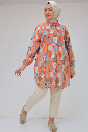 58052 Büyük Beden Erkek Yakalı Jesica Gömlek Tunik - Daire Desen Oranj