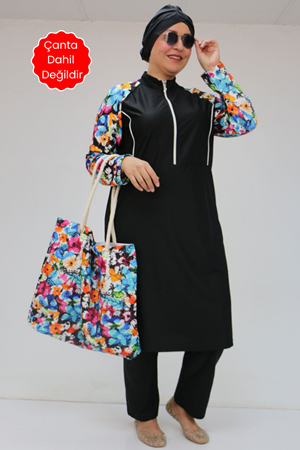 1733 Büyük Beden Fermuarlı Tesettür Mayo - Karışık Desen Mavi