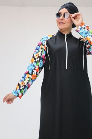 1733 Büyük Beden Fermuarlı Tesettür Mayo - Karışık Desen Mavi