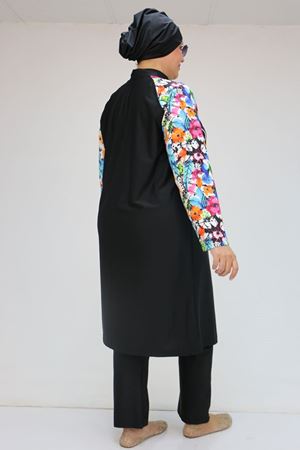 1733 Büyük Beden Fermuarlı Tesettür Mayo - Karışık Desen Mavi