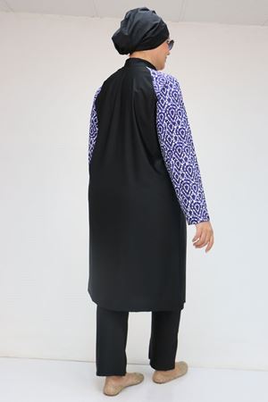 1733 Büyük Beden Fermuarlı Tesettür Mayo - Damla Desen Saks