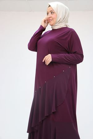 52017 Büyük Beden Şifon -Sandy Taş Detaylı Elbise - Mürdüm