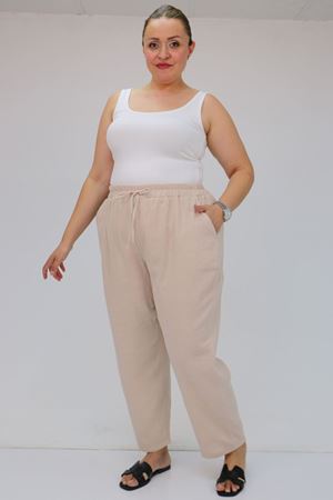 59020 Büyük Beden Beli Lastikli Müslin Dar Paça Pantolon - Bej