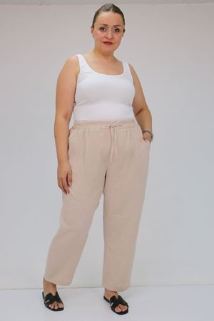 59020 Büyük Beden Beli Lastikli Müslin Dar Paça Pantolon - Bej