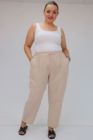 59020 Büyük Beden Beli Lastikli Müslin Dar Paça Pantolon - Bej