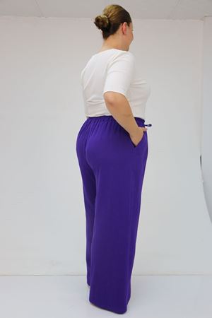 59021 Büyük Beden Beli Lastikli Müslin Bol Paça Pantolon - Mor