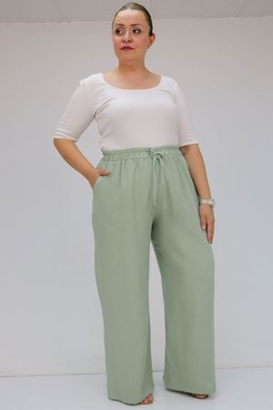 59021 Büyük Beden Beli Lastikli Müslin Bol Paça Pantolon - Nefti