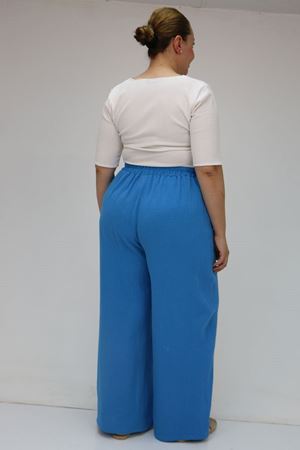 59021 Büyük Beden Beli Lastikli Müslin Bol Paça Pantolon - İndigo