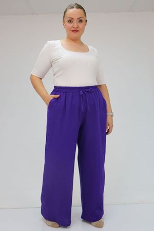 59021 Büyük Beden Beli Lastikli Müslin Bol Paça Pantolon - Mor