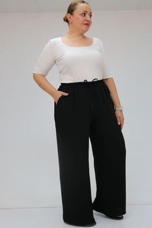 59021 Büyük Beden Beli Lastikli Müslin Bol Paça Pantolon - Siyah