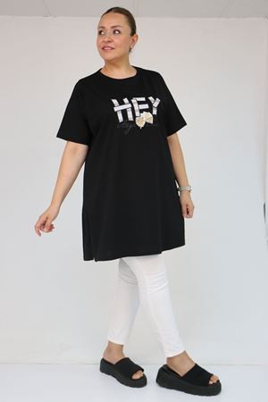 58502 Büyük Beden Yakası Ribanalı Suprem Tişört - Siyah