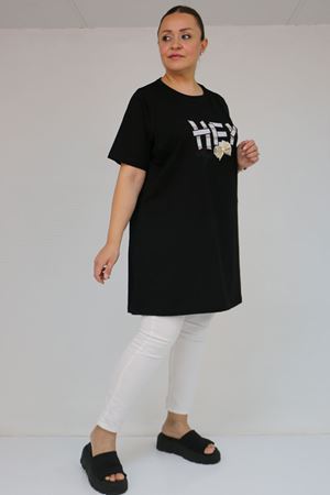 58502 Büyük Beden Yakası Ribanalı Suprem Tişört - Siyah