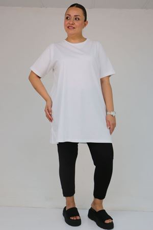 58505 Büyük Beden Yakası Ribanalı Suprem Tişört - Beyaz