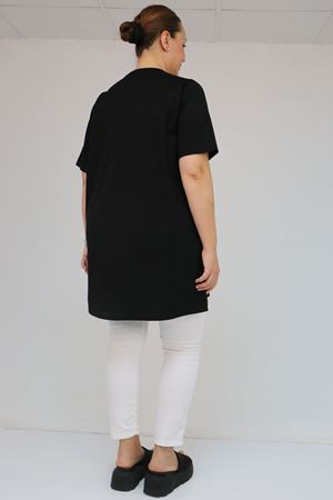 58505 Büyük Beden Yakası Ribanalı Suprem Tişört - Siyah